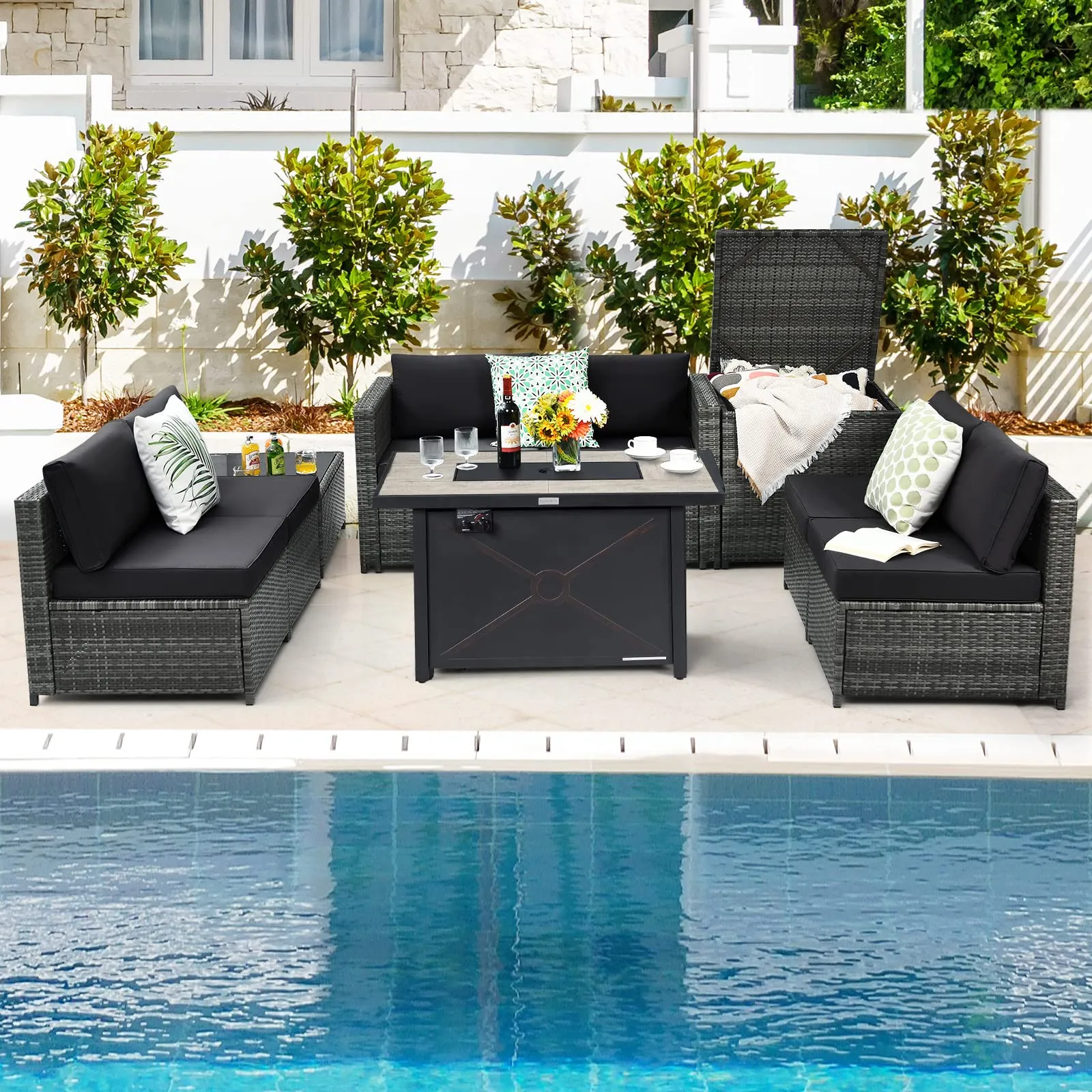 Tangkula 9 Pieces Patio Rattan Furniture Set, Patiojoy Sectional Sofa Set with Fire Pit Table,Waterproof Covers Includes