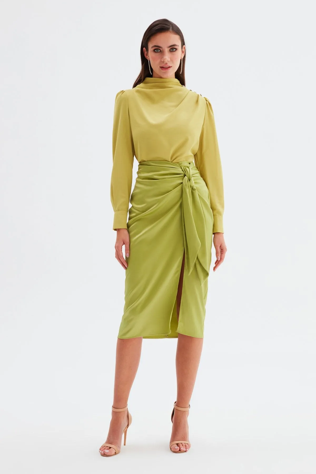 Tied Satin Skirt - Olive