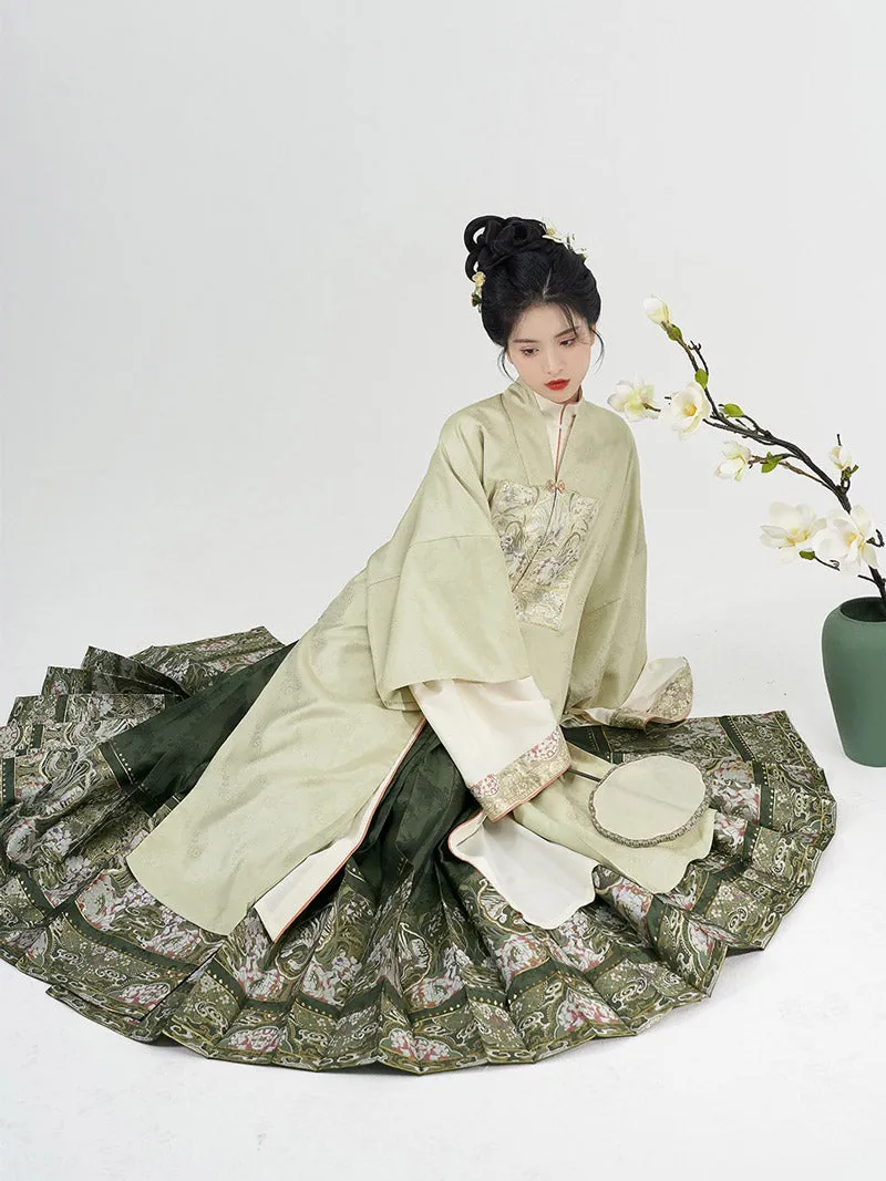 Traditional Ancient Chinese Style Phoenix and Peony Pattern Green Embroidery Mamianqun Hanfu Dress