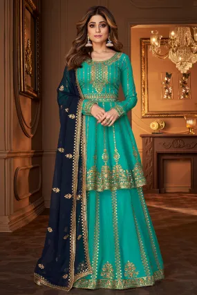 Turquoise Skirt Style Embroidered Georgette Lehenga Suit