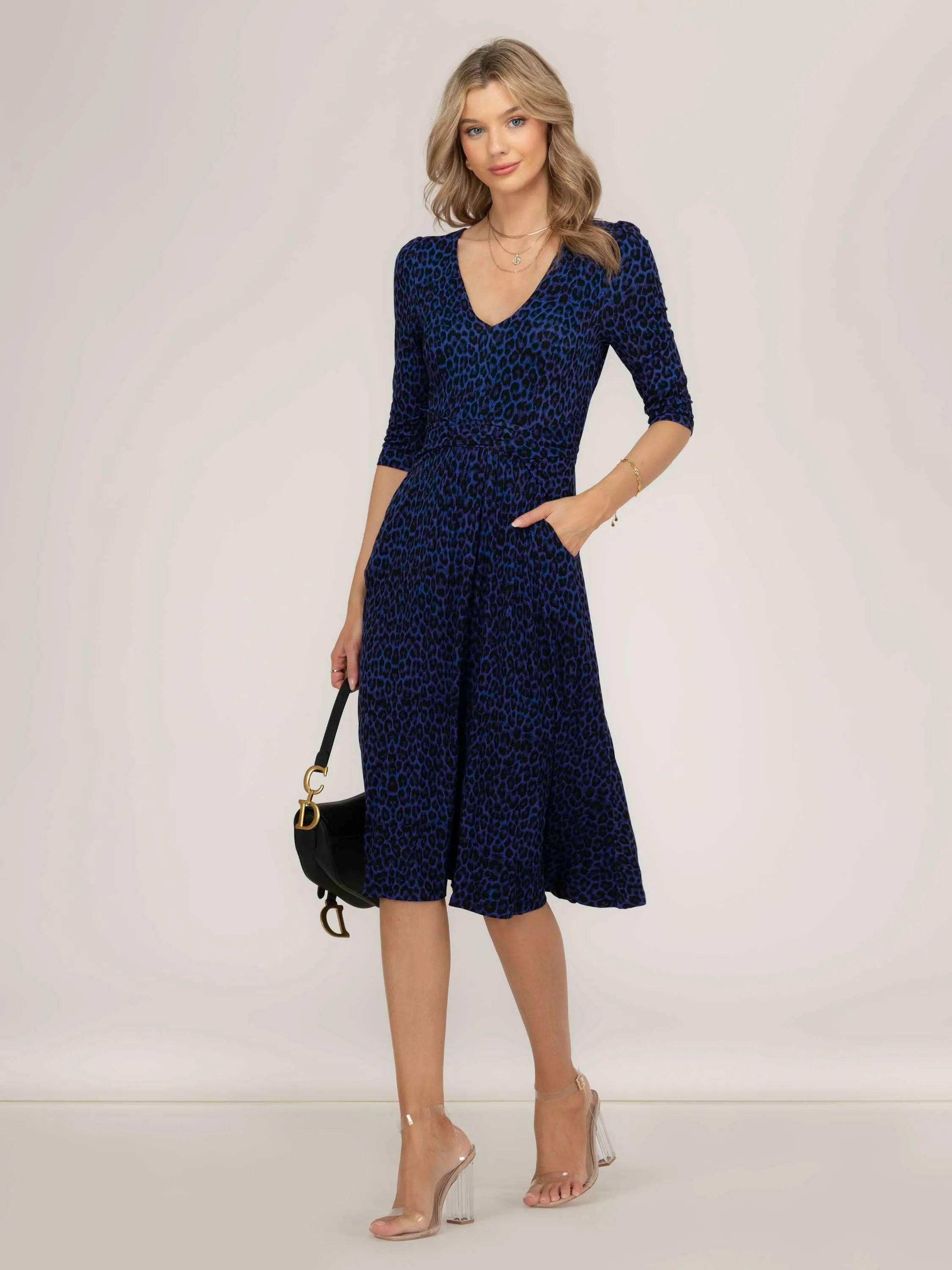 Valeria Viscose Midi Dress, Blue Animal