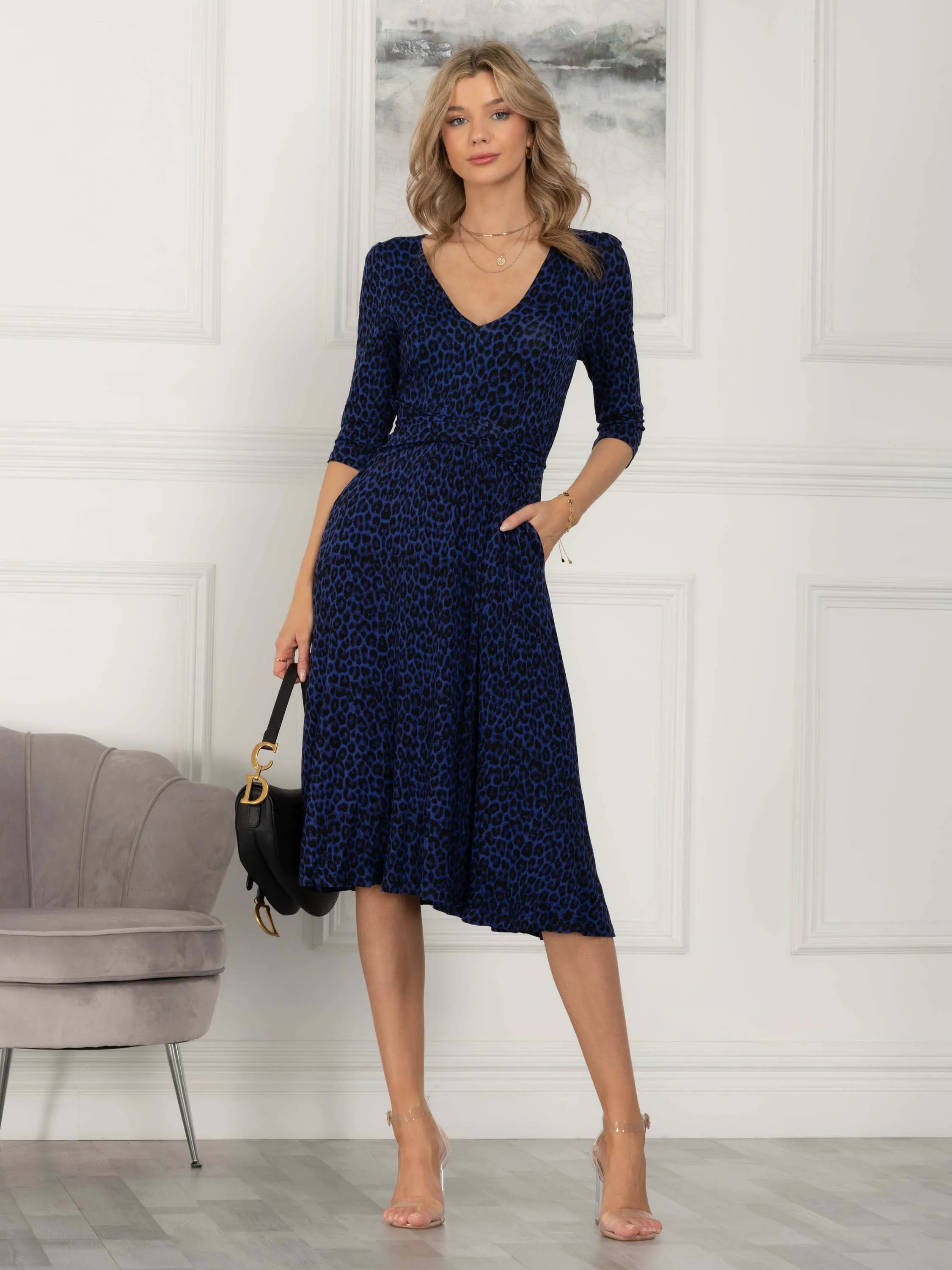 Valeria Viscose Midi Dress, Blue Animal