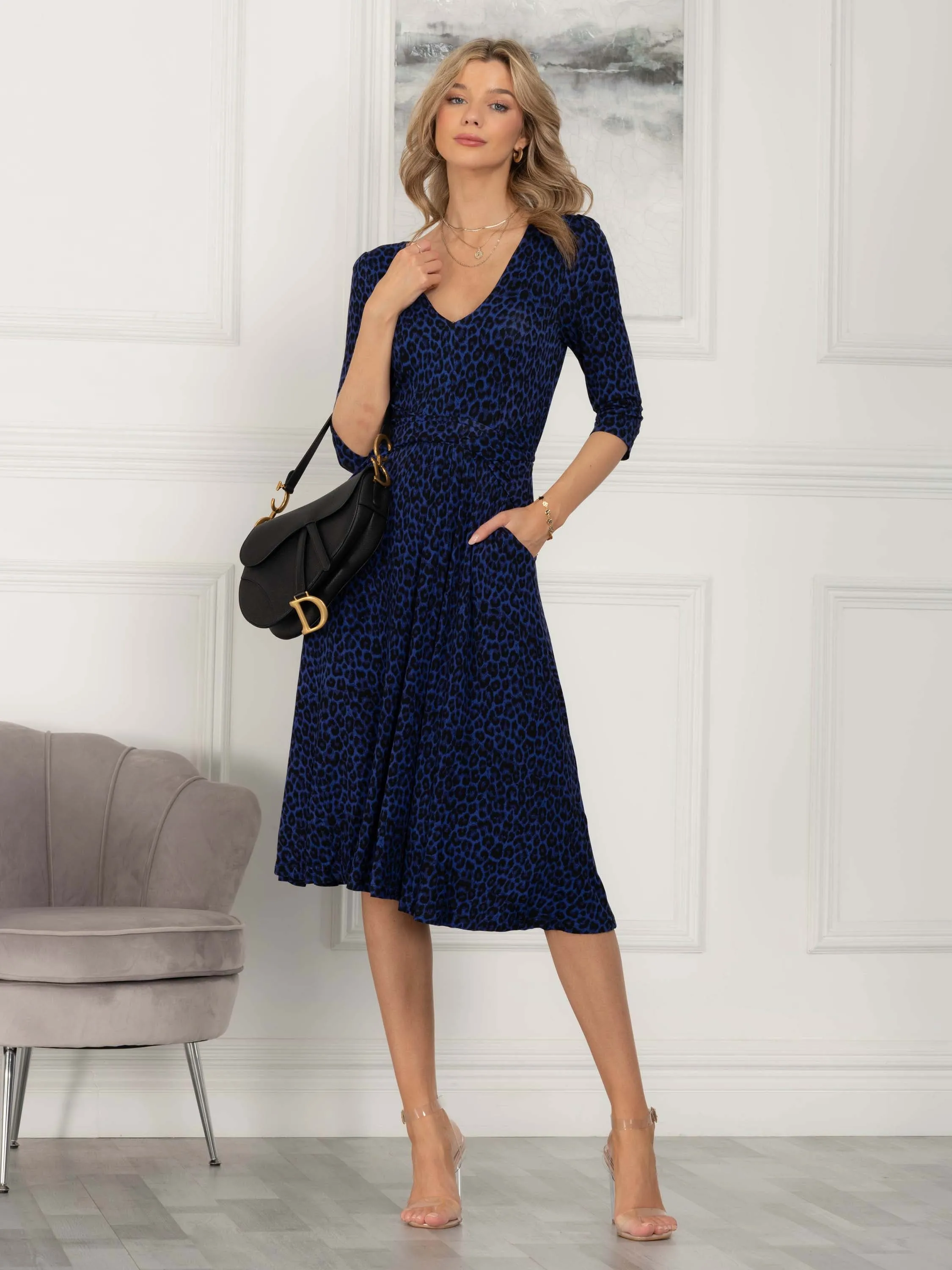 Valeria Viscose Midi Dress, Blue Animal