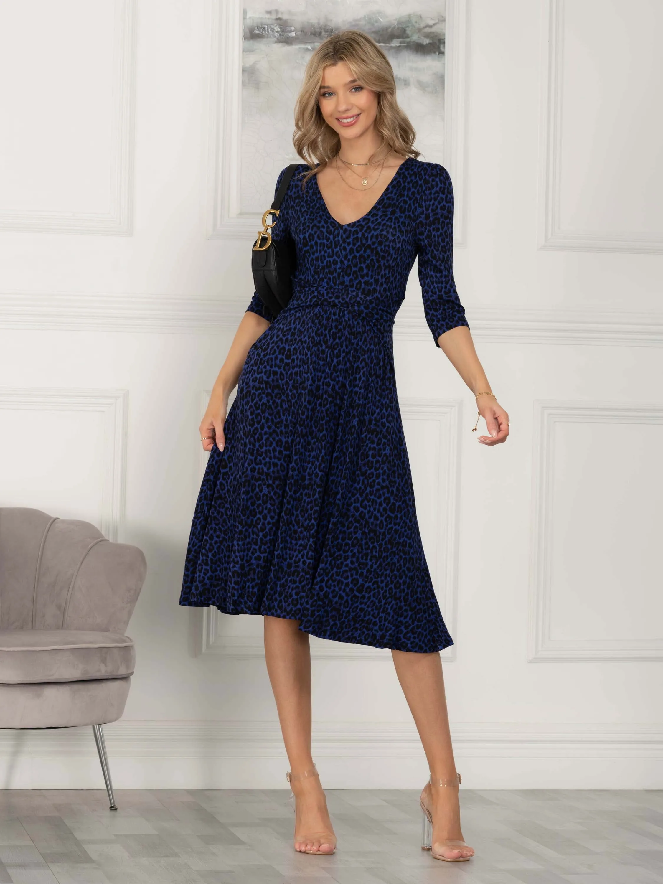 Valeria Viscose Midi Dress, Blue Animal