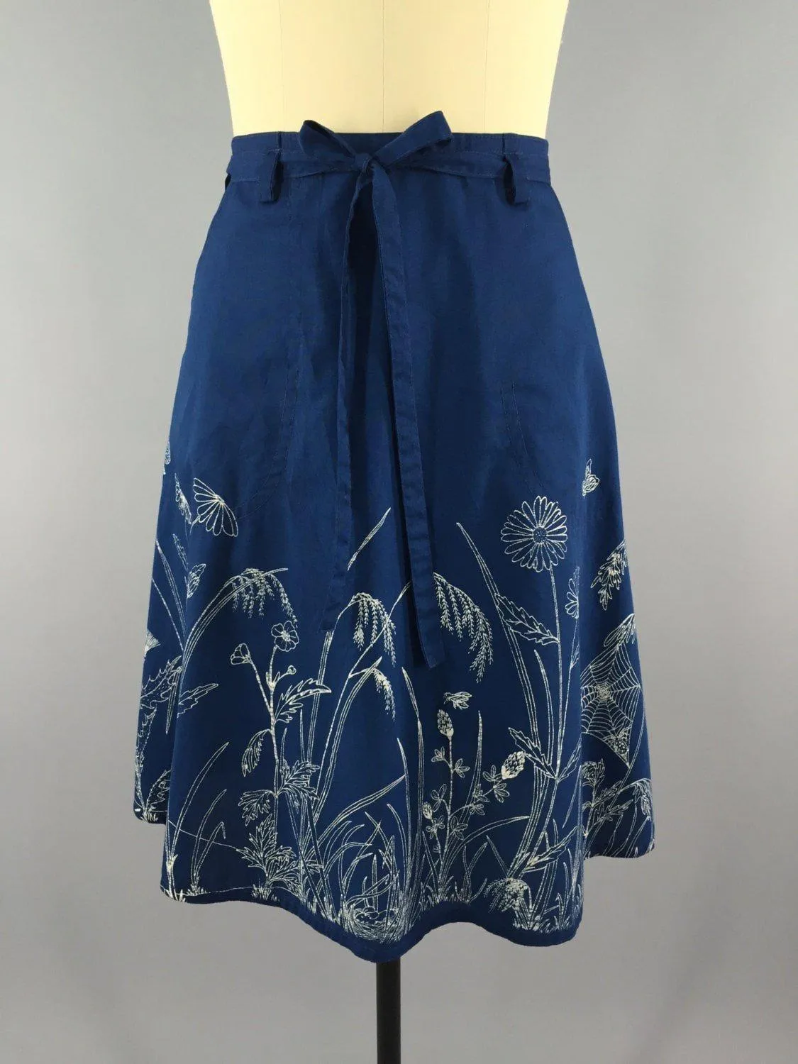 Vintage Wrap Skirt / Blue Floral Embroidery