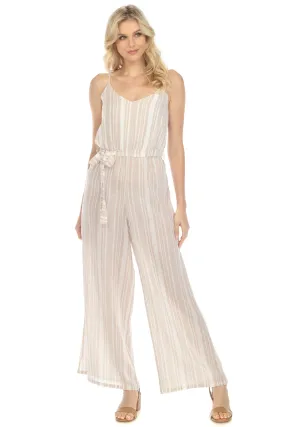 Women's Casual Resort Wear Stripe Print Spaghetti Strapped Linen Blend Summer Jumpsuit