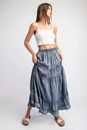 Women's Denim Maxi Skirt – Tiered Ruffled A-Line Long Skirt