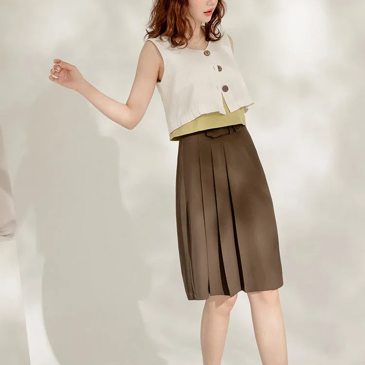 Work Buckle Belt Pleated A-Line Skirt