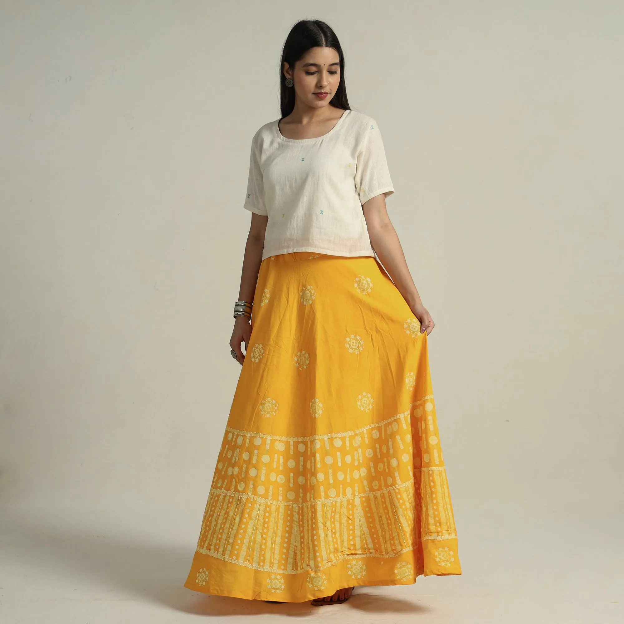 Yellow - Hand Batik Printed Running Stitch Cotton Long Skirt 49