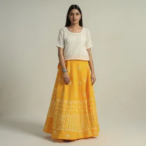 Yellow - Hand Batik Printed Running Stitch Cotton Long Skirt 49