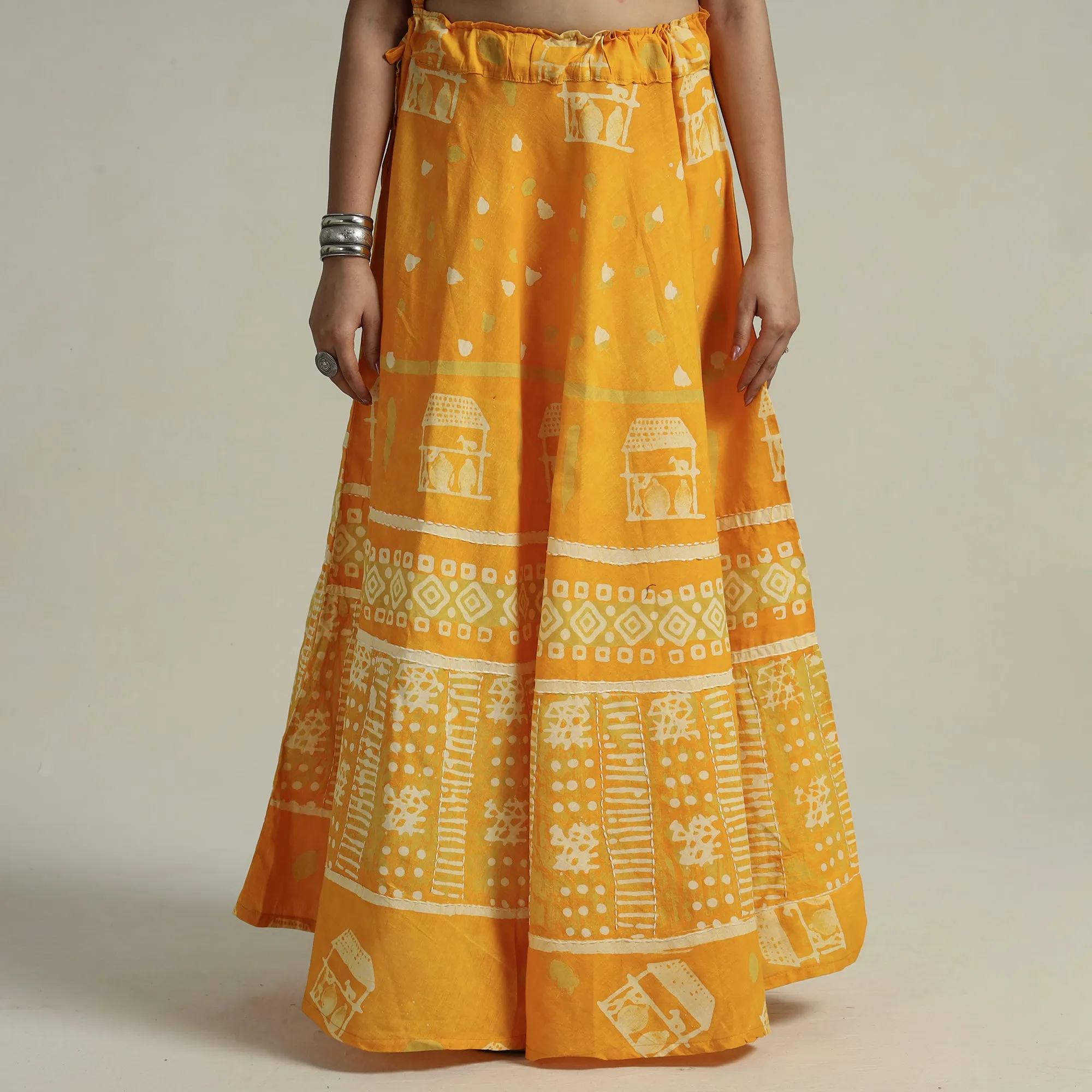 Yellow - Hand Batik Printed Running Stitch Cotton Long Skirt 50