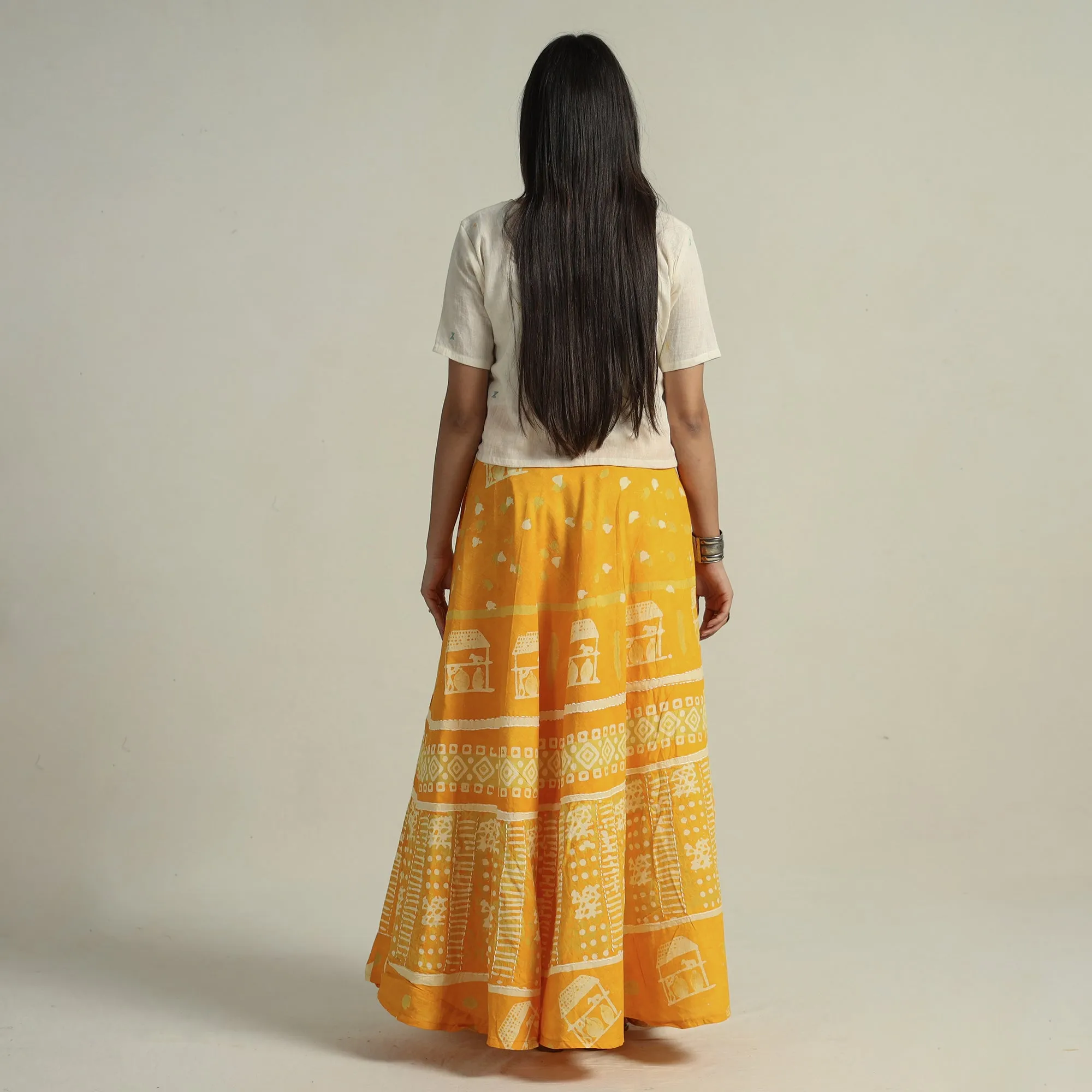 Yellow - Hand Batik Printed Running Stitch Cotton Long Skirt 50